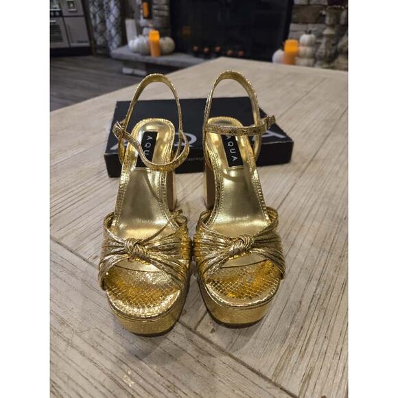 Aqua Yaro Women's Gold Platform Heels Size 6.5 Strappy Knotted Stiletto - Picture 1 of 9